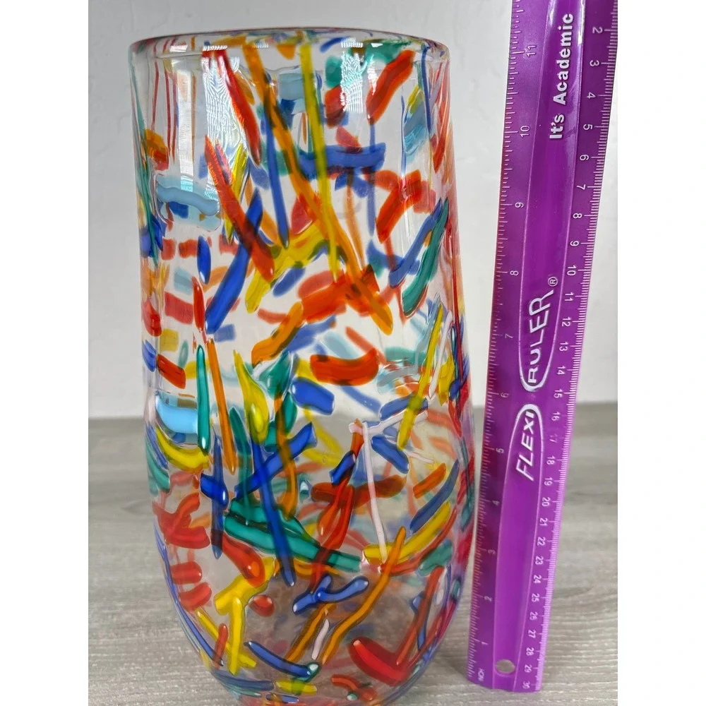 Vintage Pier 1 Imports Confetti Mouth Blown Art Glass Flower Vase Rainbow 11 in